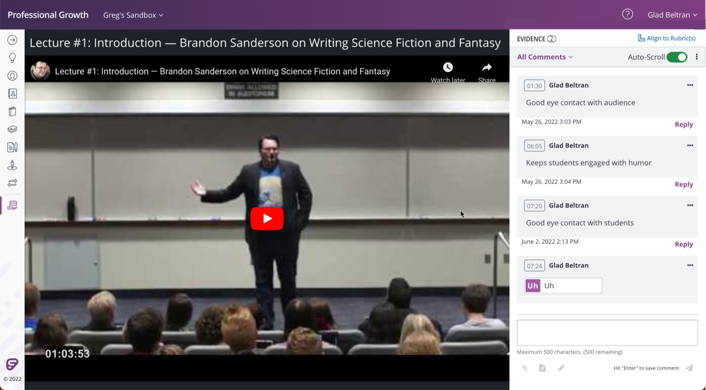 Collaborative video player showing timestamped comments panel alongside the video