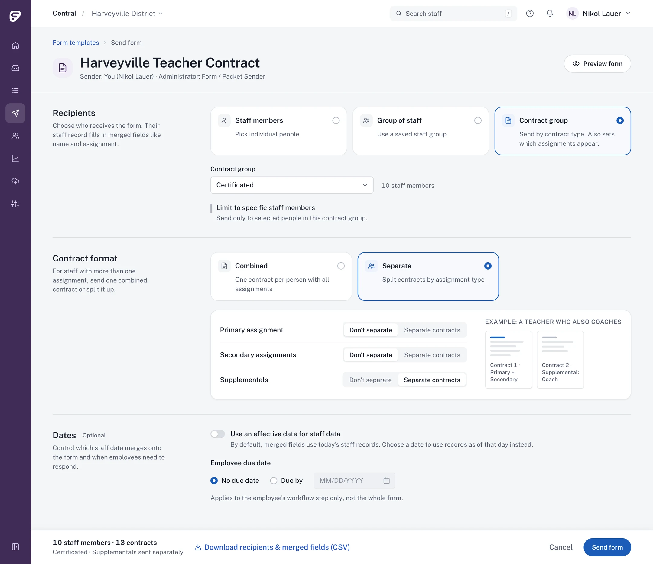 Annual contracting: contract group settings that send assignments combined in one document or as separate contracts, with a preview of the result.
