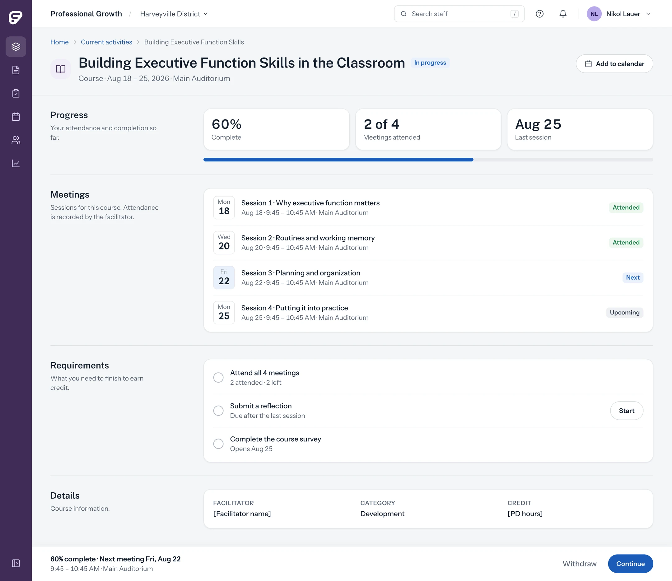 Redesigned activity detail page: progress summary, meeting schedule with attendance, and the requirements needed to earn credit.