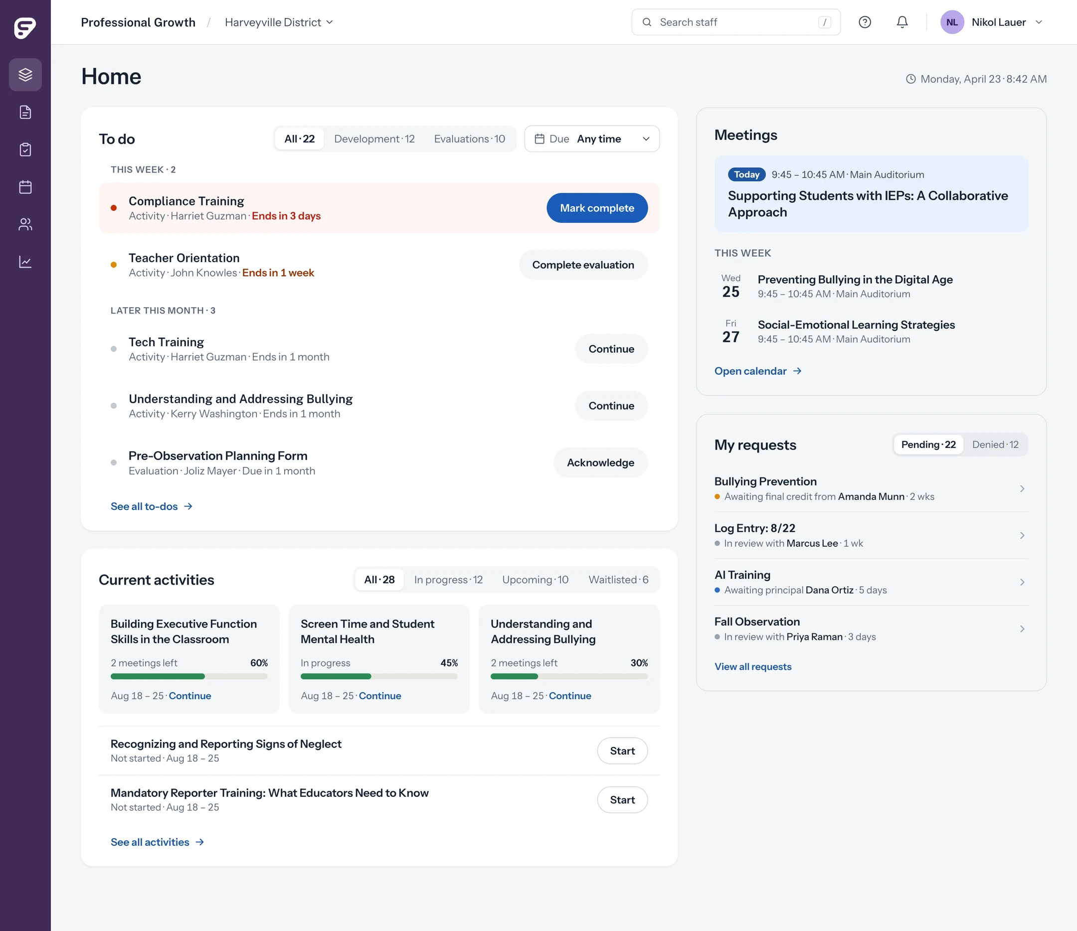 Redesigned Professional Growth dashboard: a To do list grouped by urgency, current activities with progress, meetings and requests.