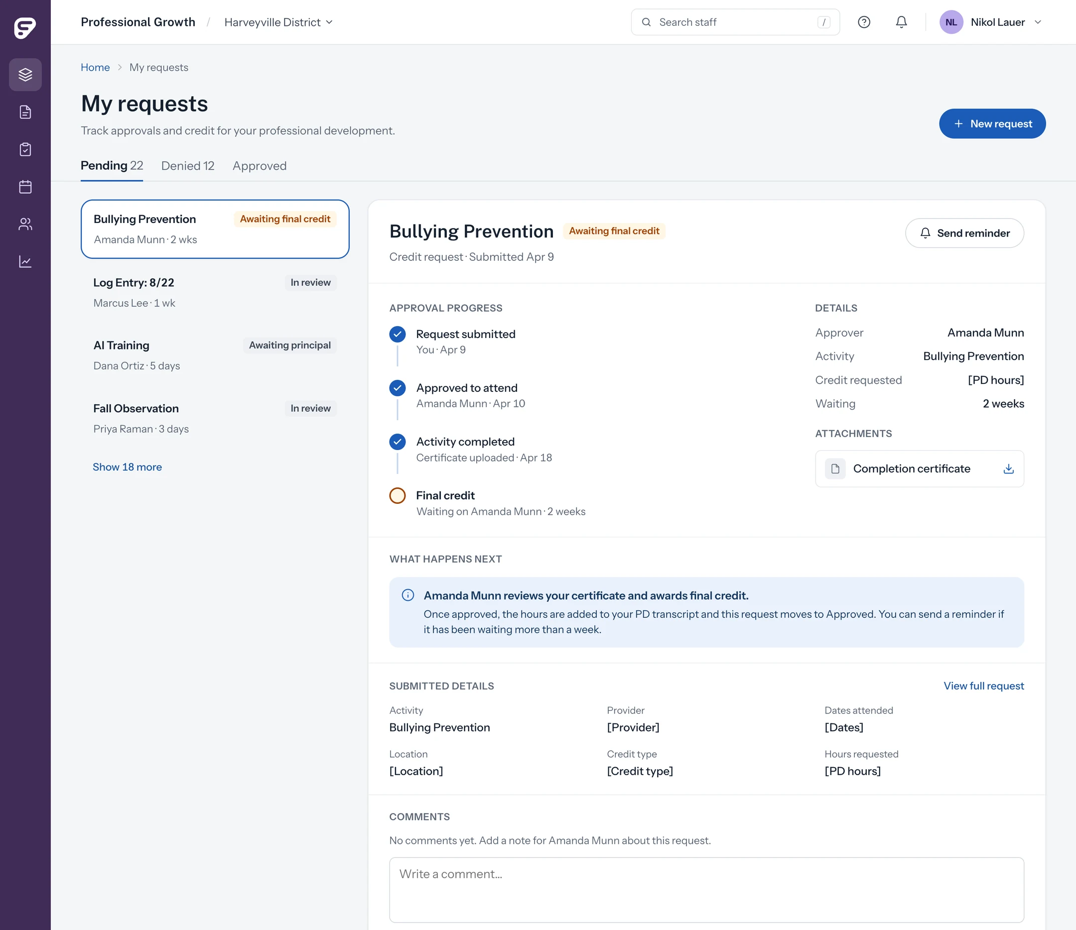 Redesigned My requests page: pending requests in a list, with an approval progress timeline and details for the selected request.