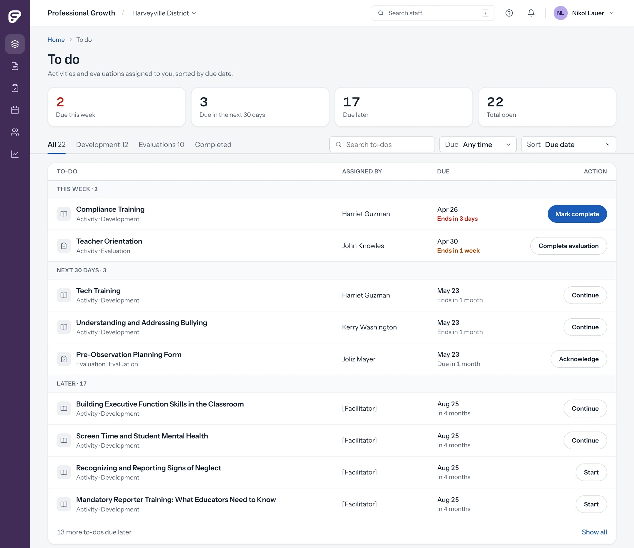Redesigned To do page: summary counts for this week, next 30 days and later, then assignments grouped by urgency with one clear action per row.