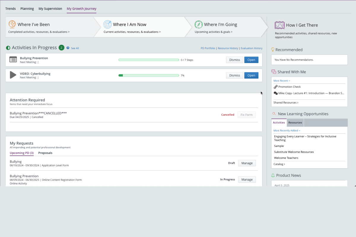 Before: the original My Growth Journey dashboard, dense and unprioritized, with no clear next action.