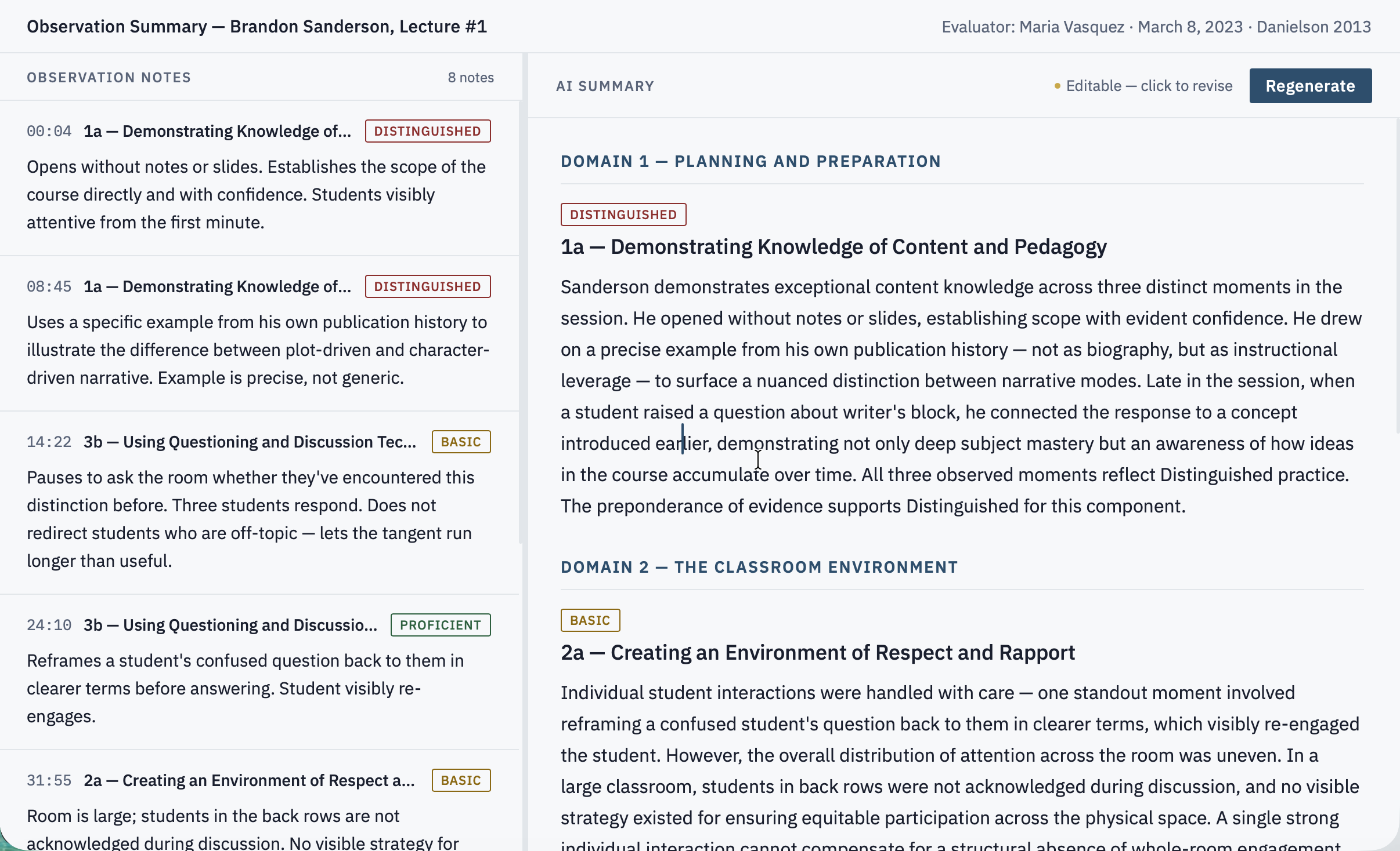 Two-panel prototype showing timestamped observation notes on the left and AI-generated summary organized by Danielson domain on the right